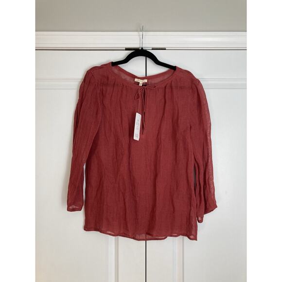 Eileen Fisher Linen Gauze Semi Sheer Shirred Wide Neck Boxy Top Red Size Medium - Picture 1 of 9